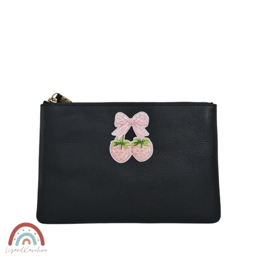 New! Madewell The Pouch Clutch Leather Zip Bag with Pink Bow Strawberries Patch